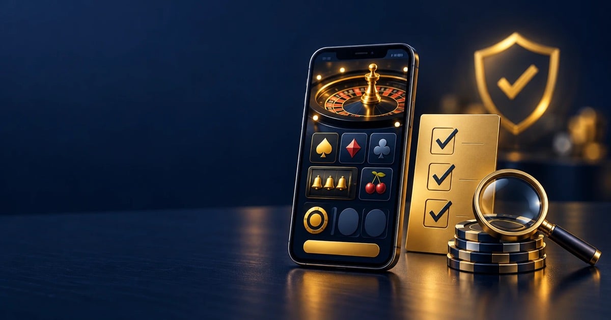 Smartphone with an abstract casino app next to a golden checklist, magnifying glass and a safety shield