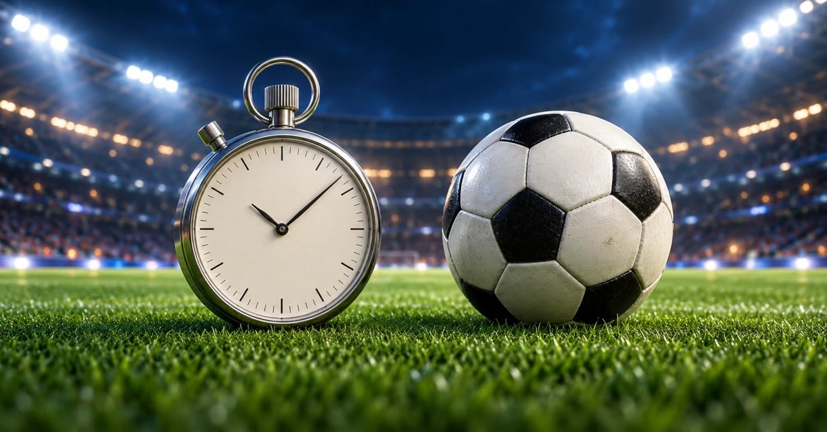 Secundometru și minge de fotbal pe un teren de iarbă, într-un stadion luminat noaptea